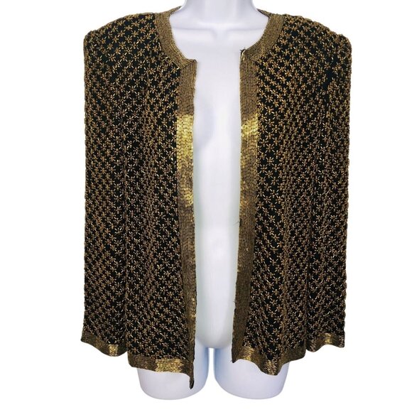 Vintage 90s Womens S Jacket Black Gold Open Front Beaded Silk Heavy - Picture 1 of 9